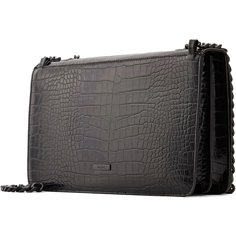 Aldo Black Crocodile Embossed Black Metal Chain Crossbody Bag and Handbag NWOT - Picture 1 of 11